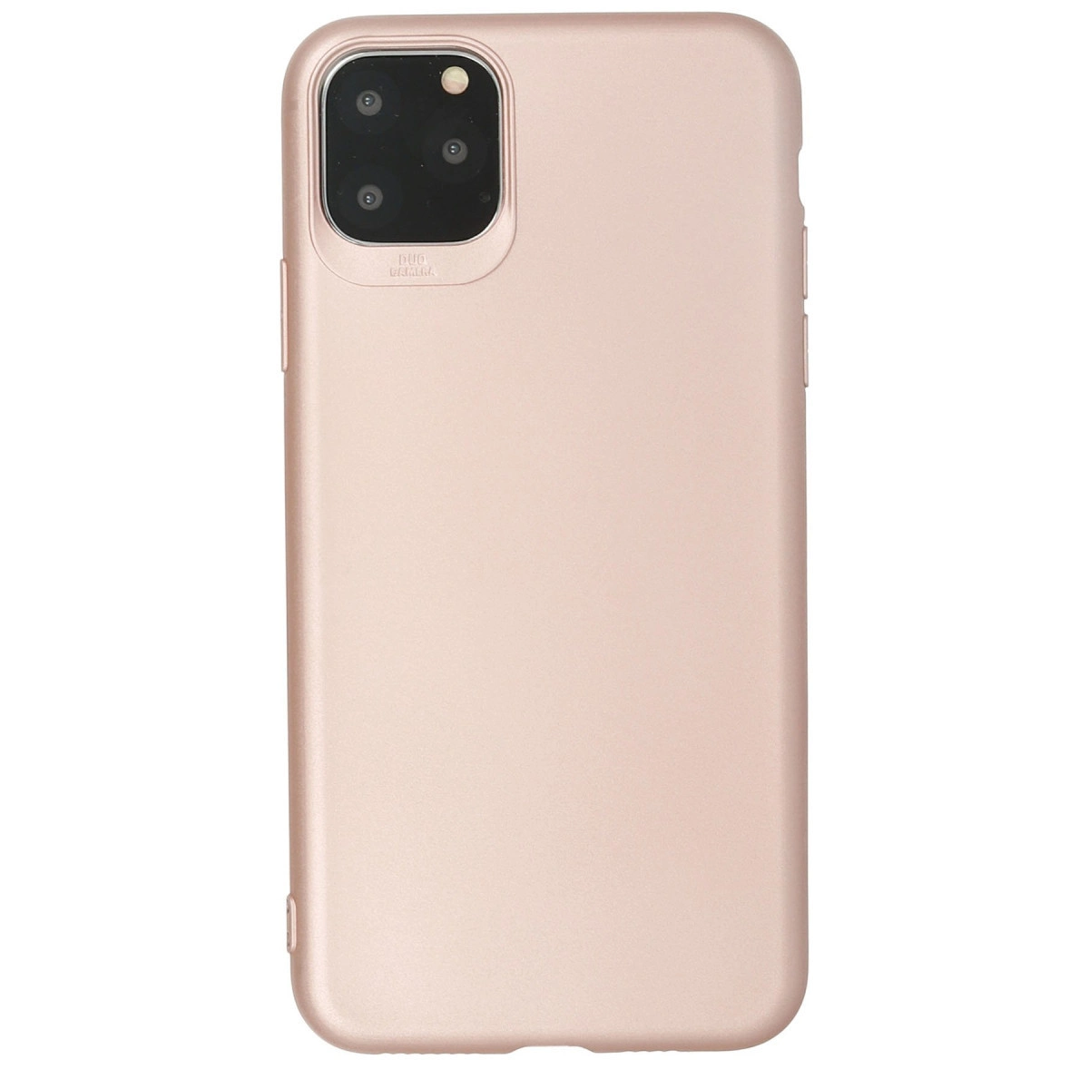 Beyaz arka plan üzerinde çift kamera oyuntulu, rose altın rengi telefon kılıfı.