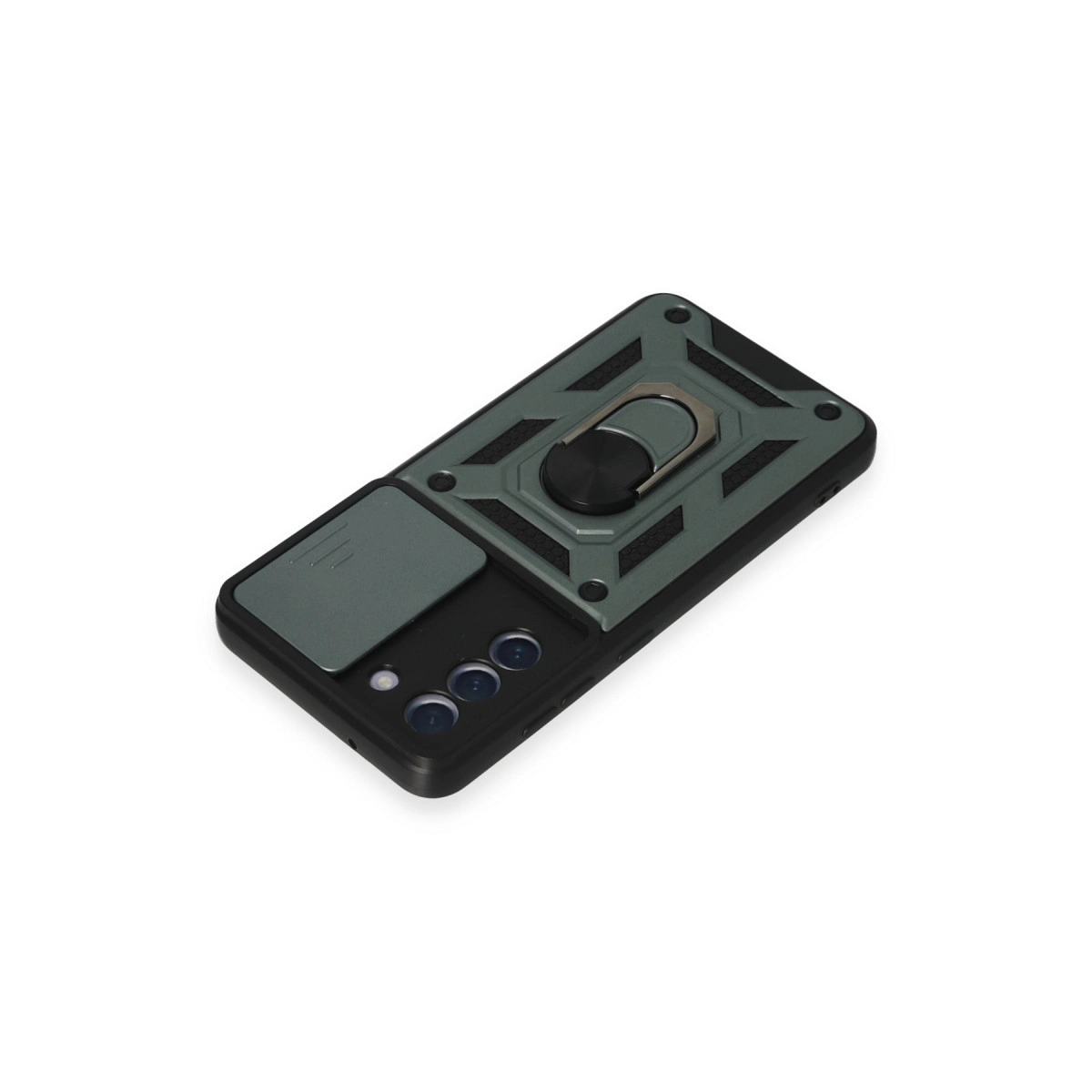 Halka tutuculu ve kamera kapaklı koyu gri telefon kılıfı.