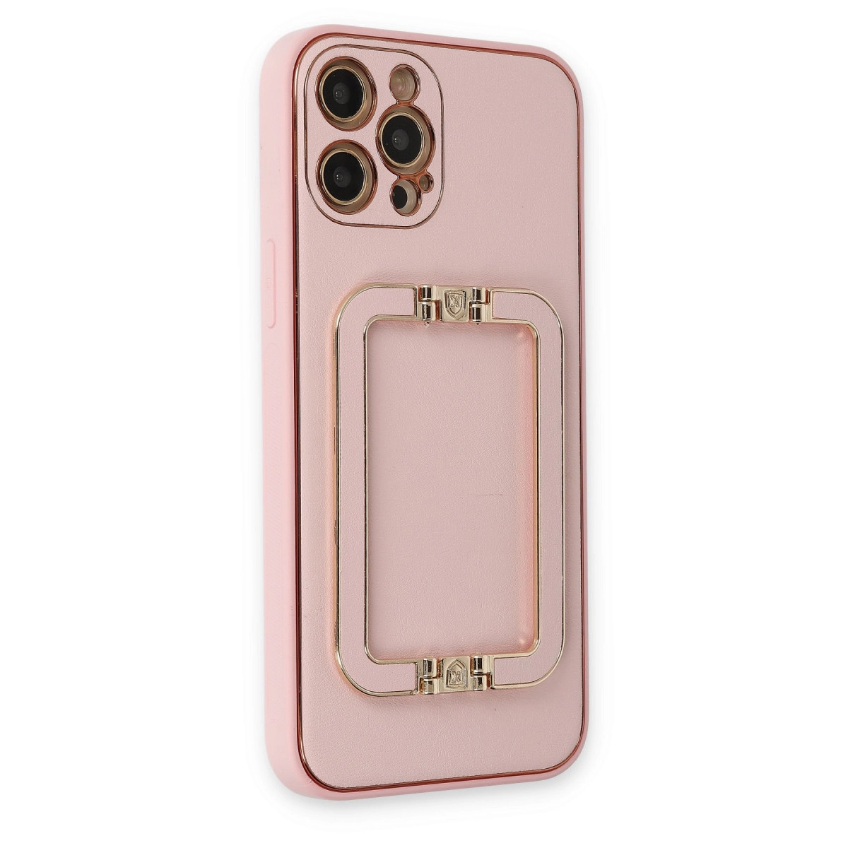 Dikdörtgen metal çerçeveli ve kamera modüllü pembe telefon kılıfı.