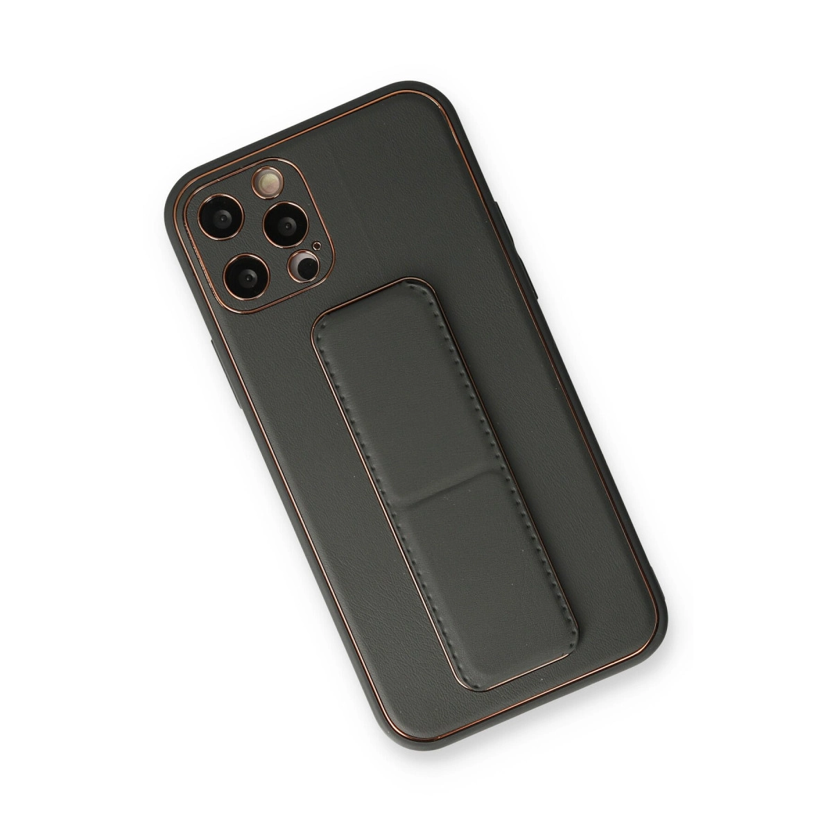 Kamera dizilimi ve stantlı koyu gri telefon kılıfı.