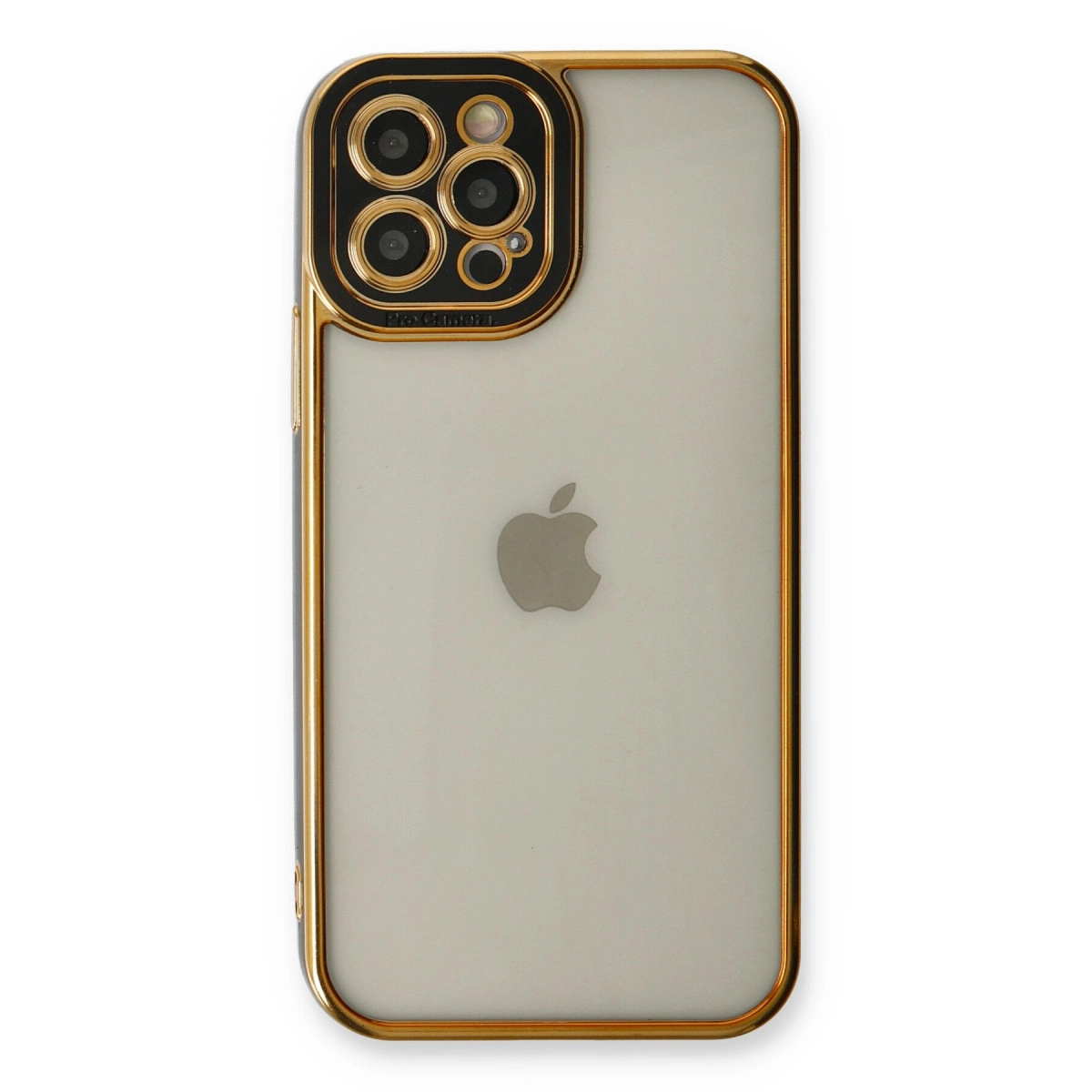 Dört kameralı şeffaf iPhone arkalığı etrafında altın çerçeve.