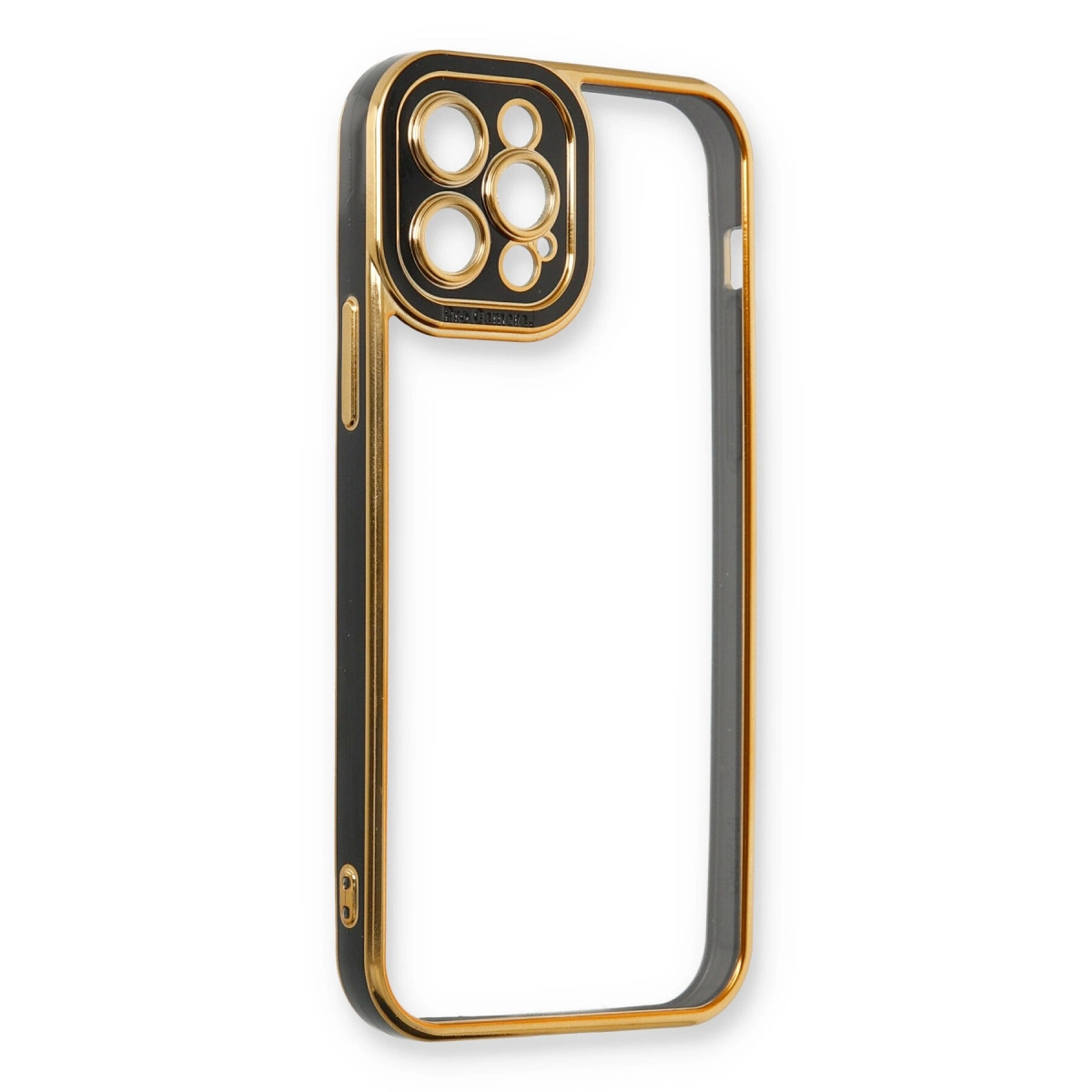 Altın kenarlı ve kamera kesimli siyah telefon kılıfı.