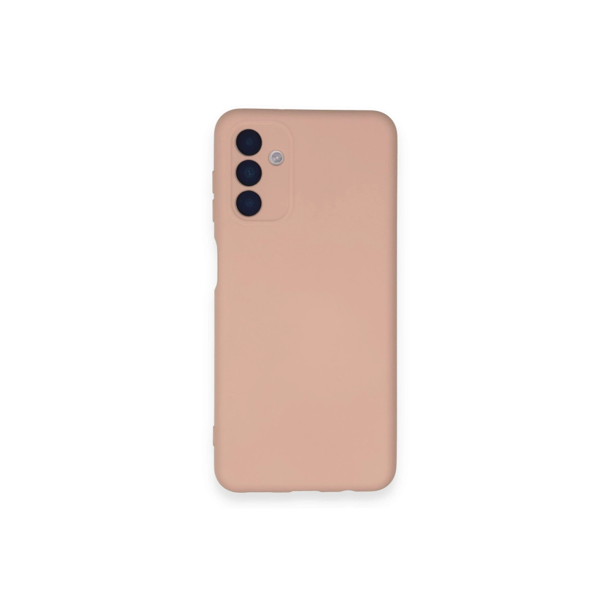 Solda üç kamera lensi bulunan şeftali rengi telefon kılıfı.