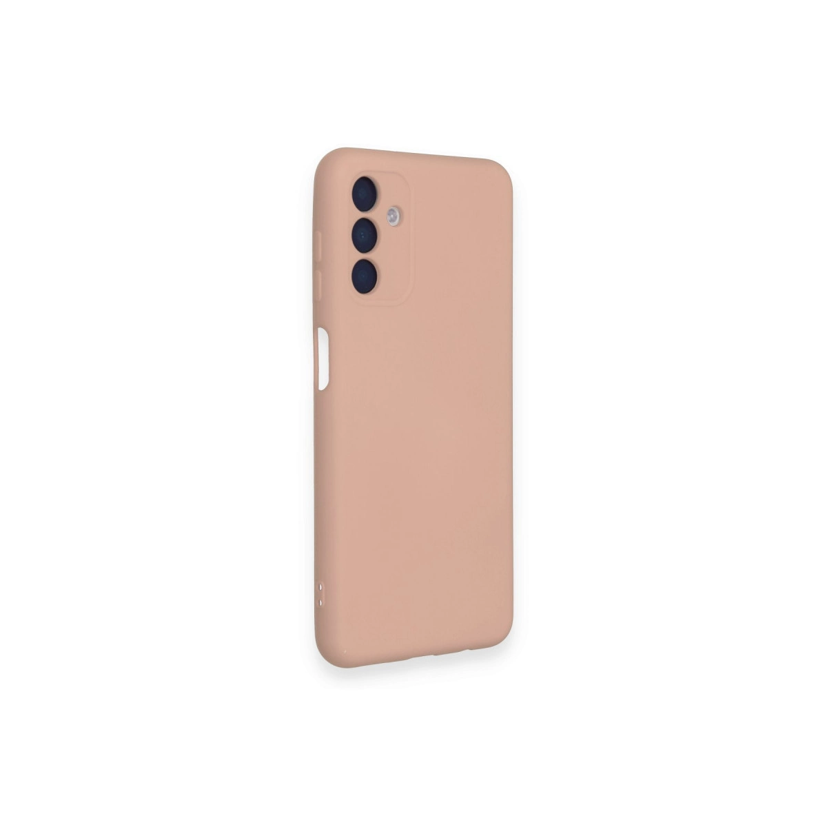 Arkada üç kamera lensi olan şeftali rengi telefon kılıfı.
