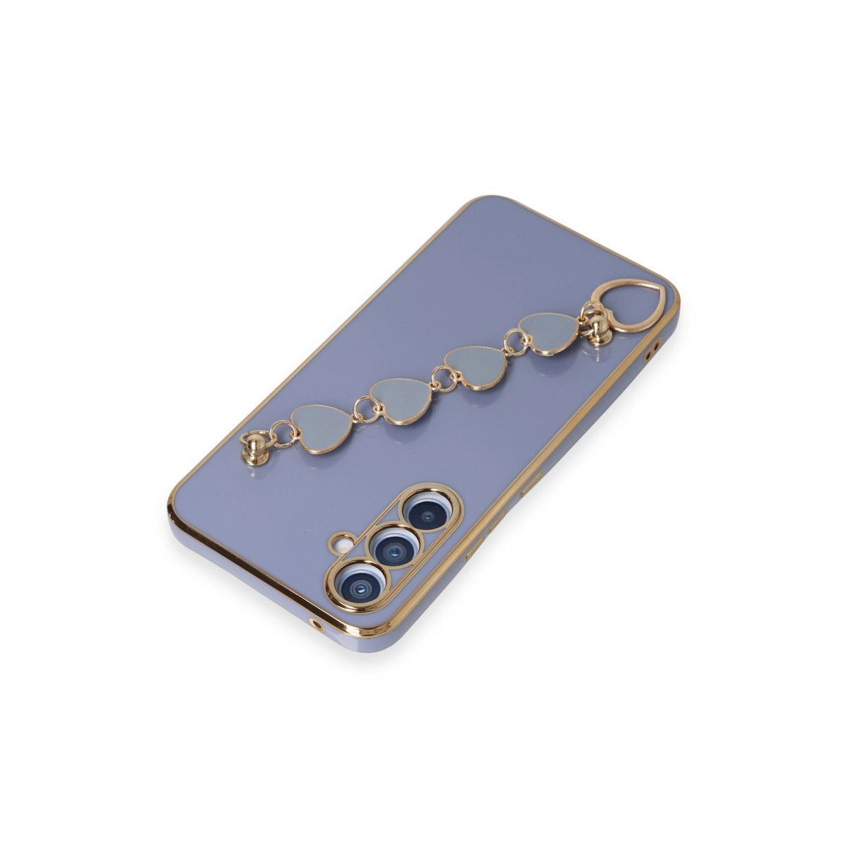 Altın kenarlı mor telefon kılıfı ve kalp charm bileklik.