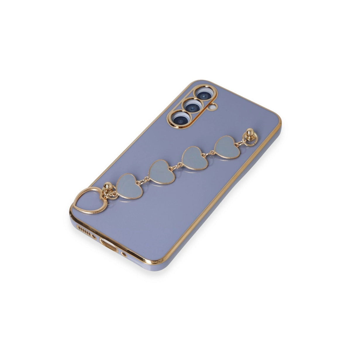 Altın kenarlı mor telefon kılıfı, kalp şeklinde charm bileklikli.