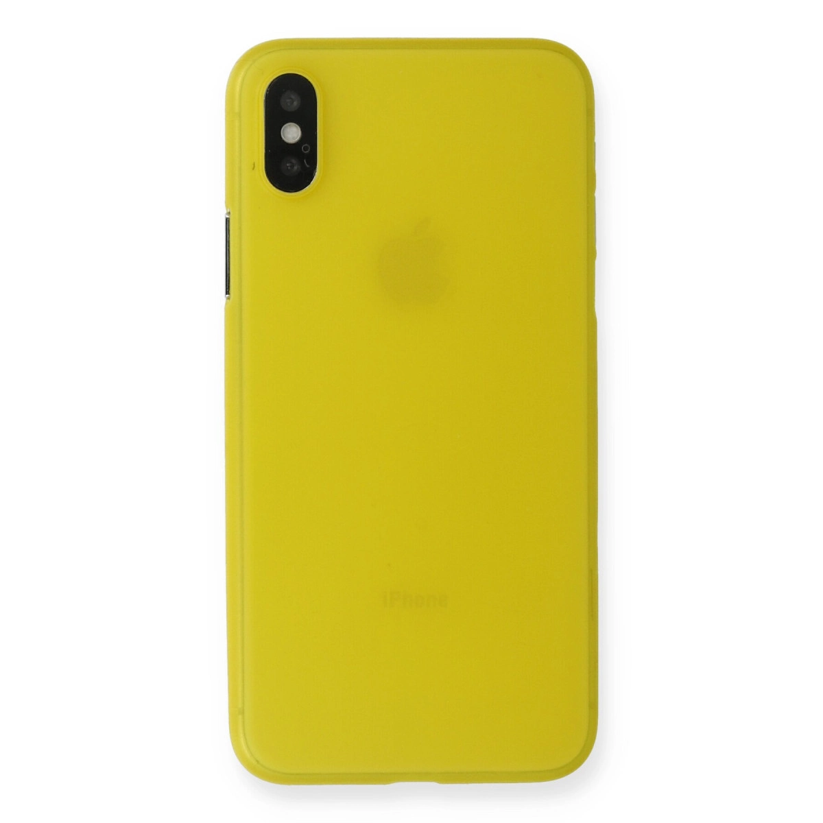 Çift kameralı ve Apple logolu sarı iPhone kılıfı.