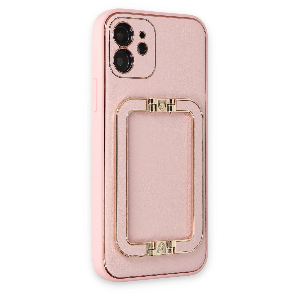 Altın çerçeveli ve kamera kesimli pembe telefon kılıfı.