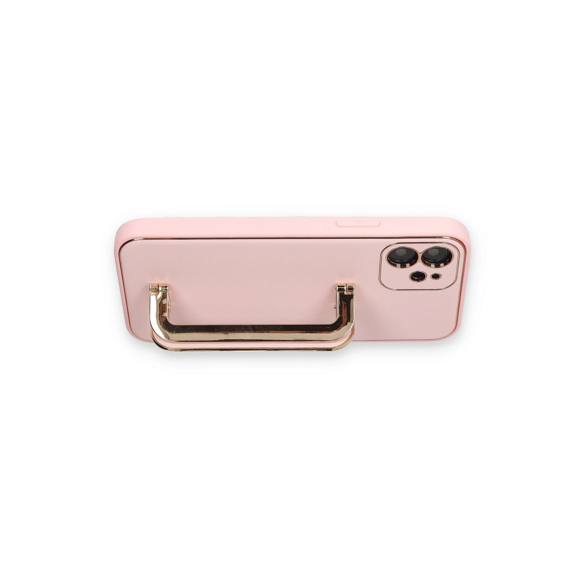 Altın renkli kulplu ve kamera kesimli pembe iPhone kılıfı.