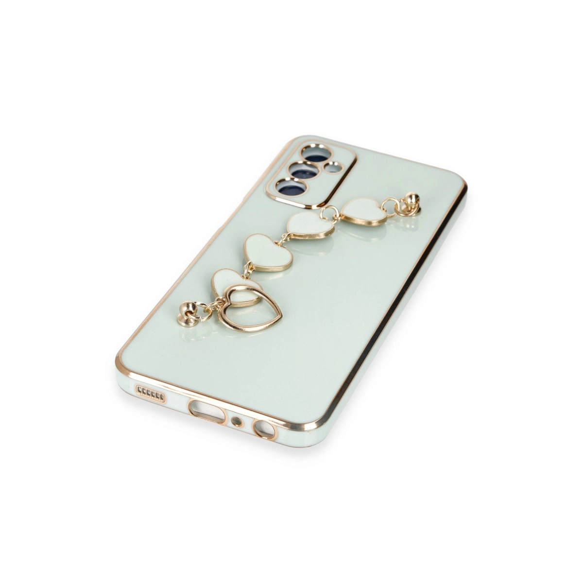 Altın kenarlı, kalp charm bileklikli, açık mint yeşili telefon kılıfı.