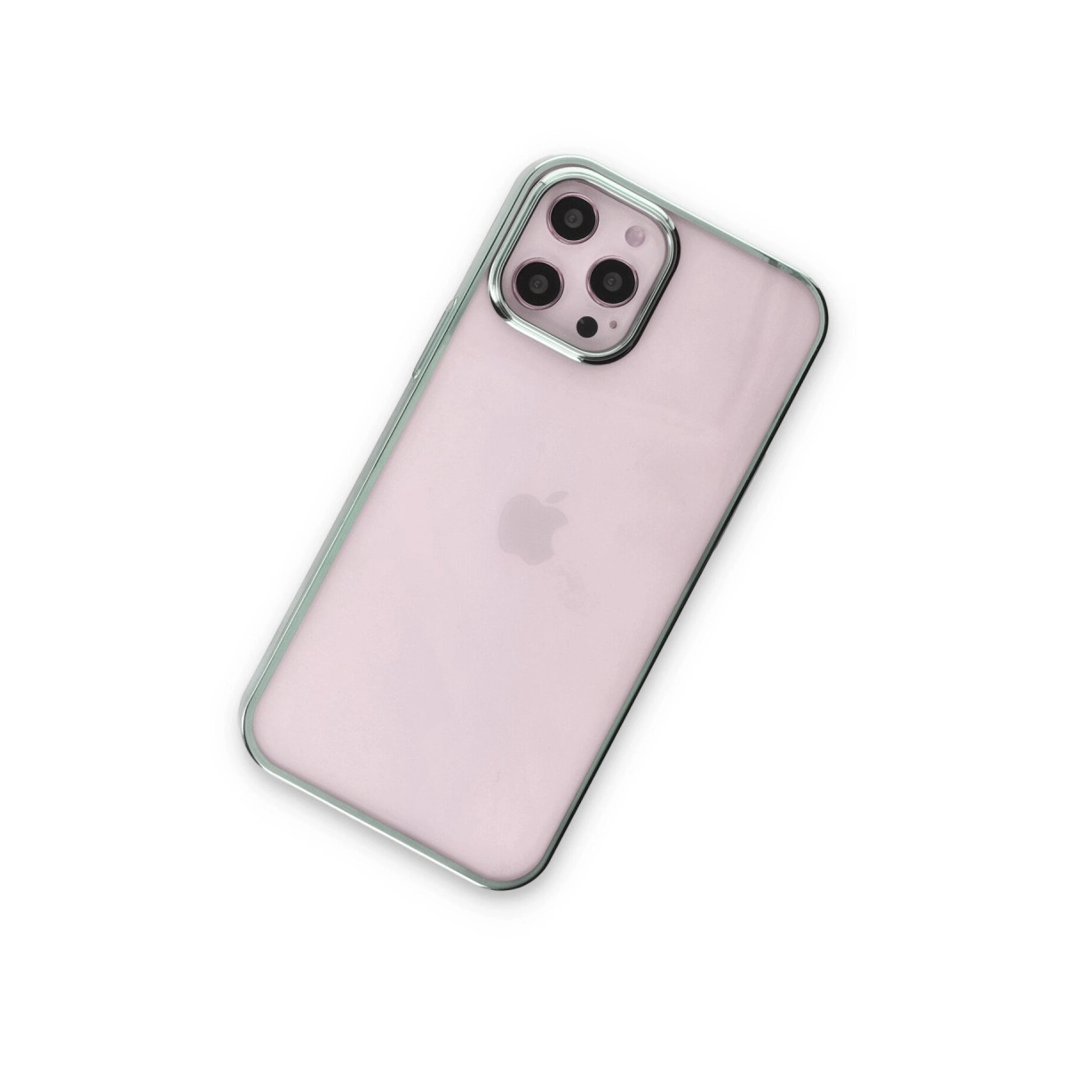 Beyaz zeminde üç kameralı, gümüş çerçeveli açık pembe iPhone.