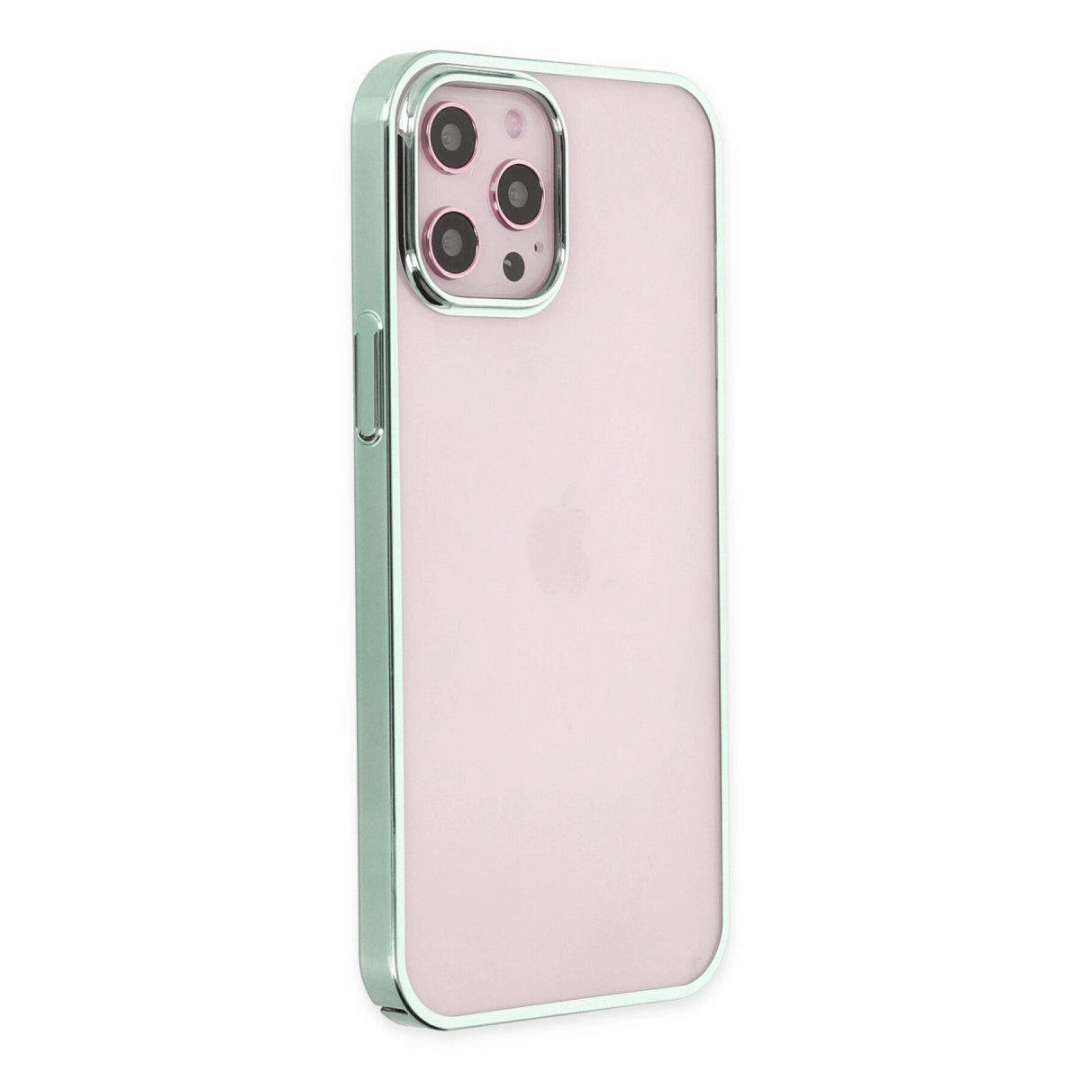 Üç kameralı, nane yeşili kılıflı pembe bir iPhone.
