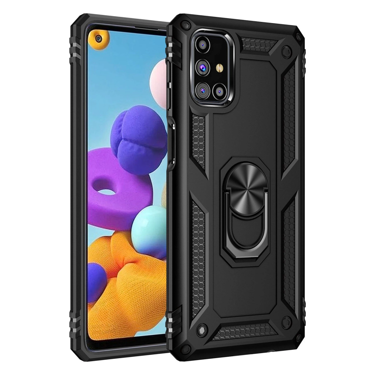 Halka tutuculu ve kamera modüllü siyah telefon; ekranda renkli şekiller.