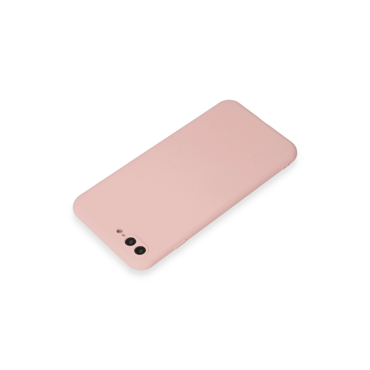 Arkada iki kamerası olan soluk pembe telefon kılıfı beyaz zeminde duruyor.