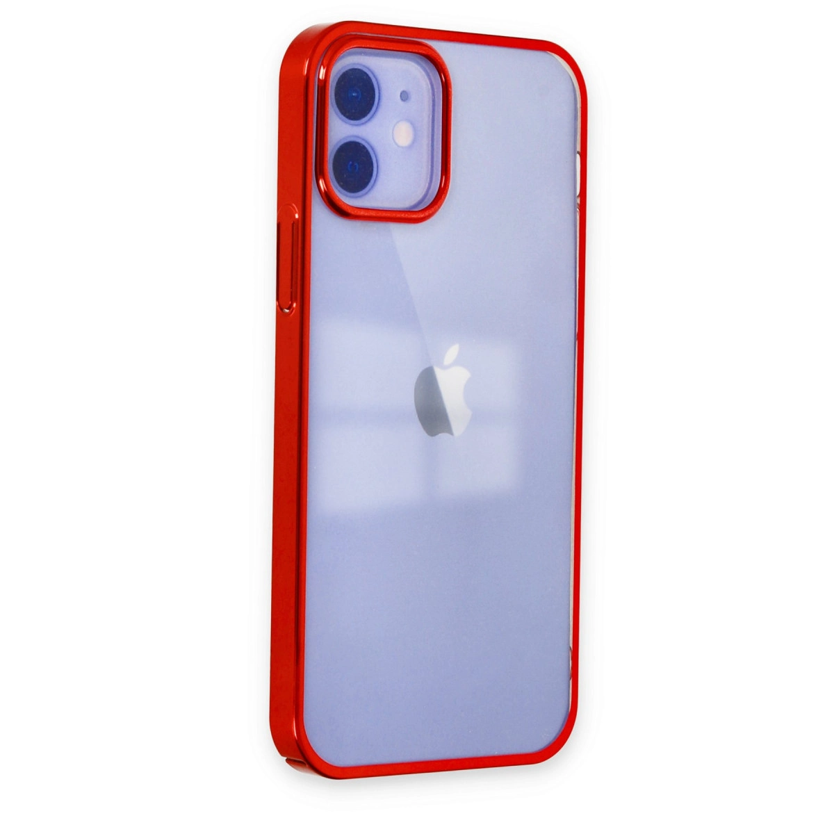 Kırmızı kenarlı ve kamera modüllü, yarı saydam mor bir telefon.