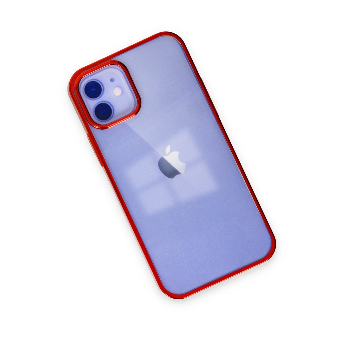 Beyaz arka plan üzerinde kırmızı kenarlı mor iPhone ve Apple logosu.