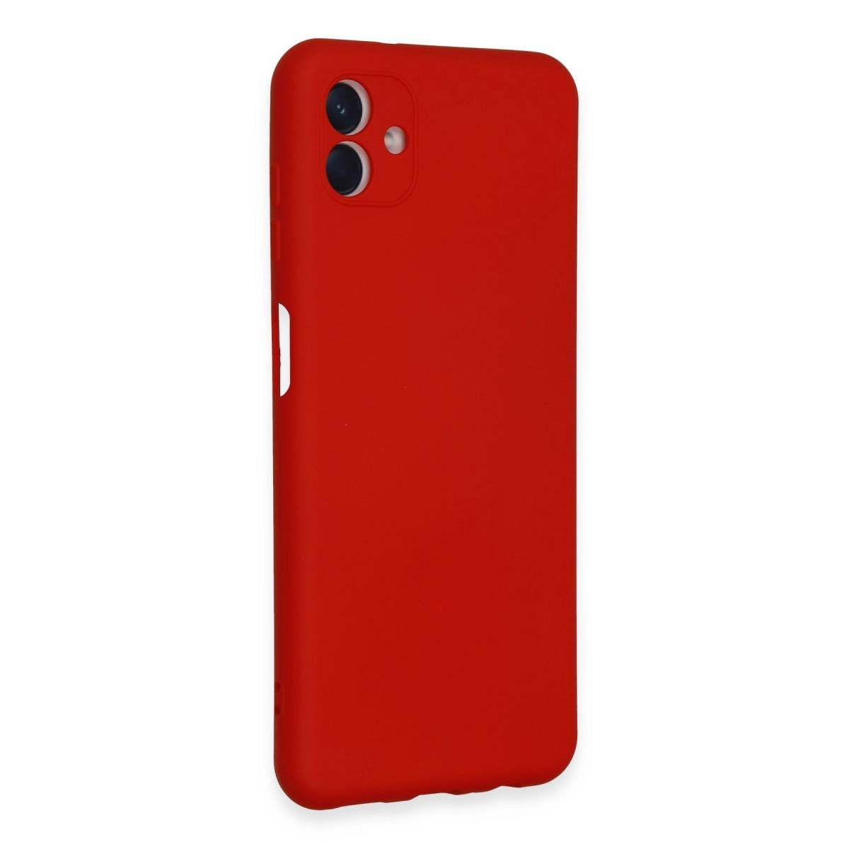 İki kamera lensi ve flaşlı kırmızı telefon kılıfı.