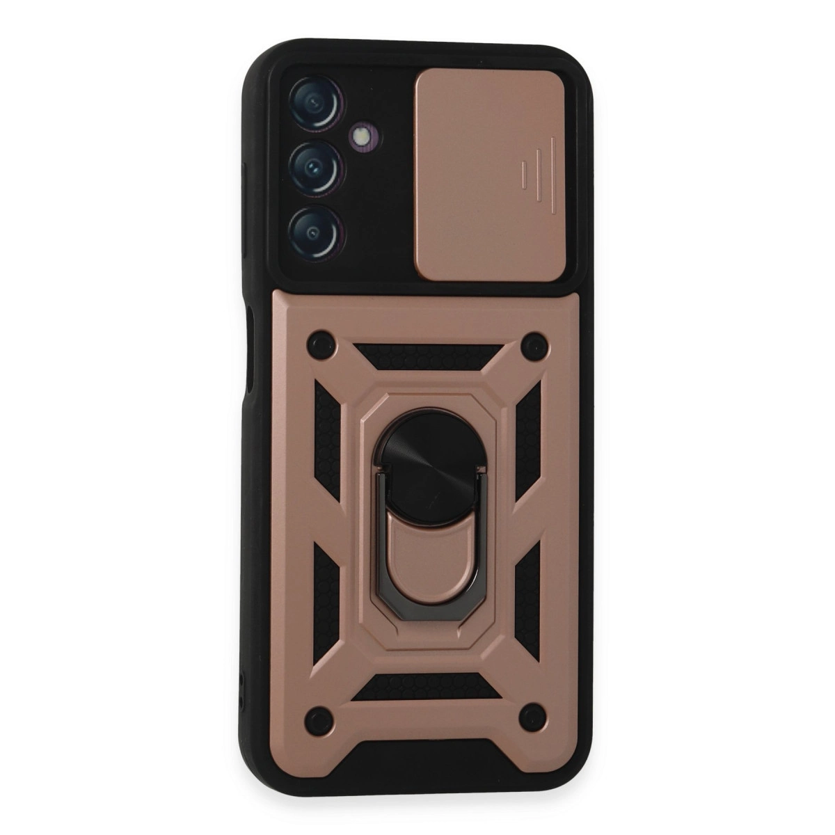 Kamera kapaklı ve halka tutuculu, rose gold ve siyah telefon kılıfı.