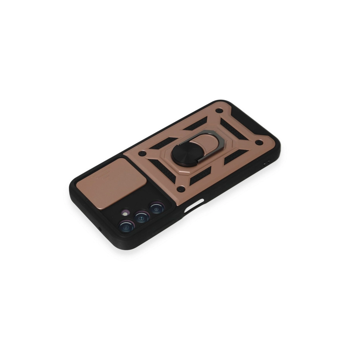Bronz halkalı ve kamera kesimli siyah telefon kılıfı.