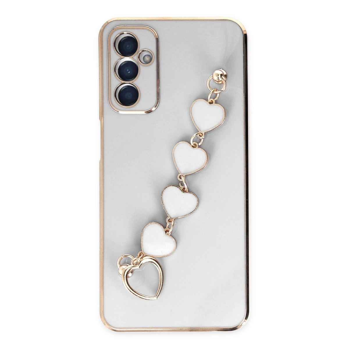 Altın kenarlı gri telefon kılıfı, beyaz kalp zincirli.