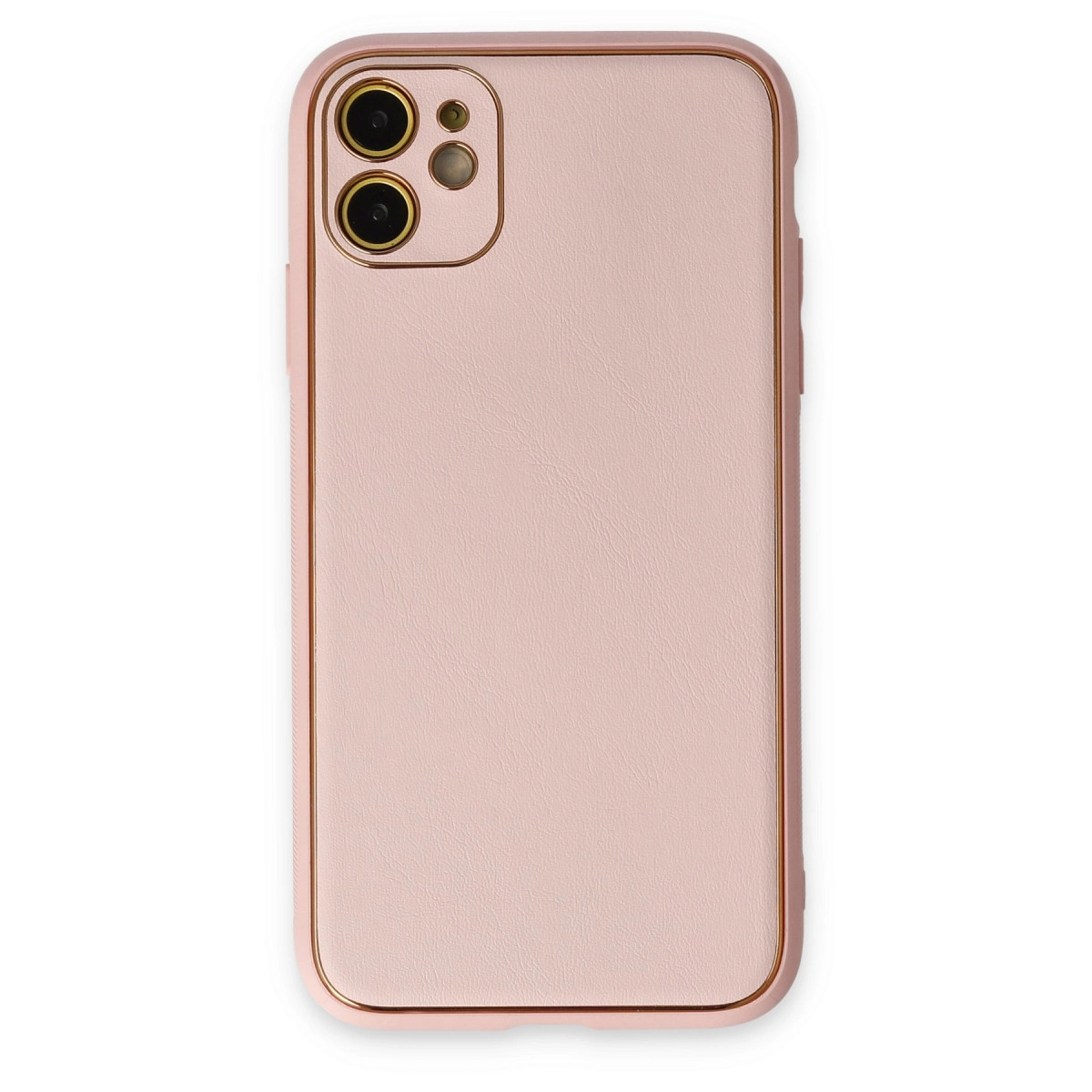Açık pembe telefon kılıfı, kamera kesimi ve altın kenarlıklı.