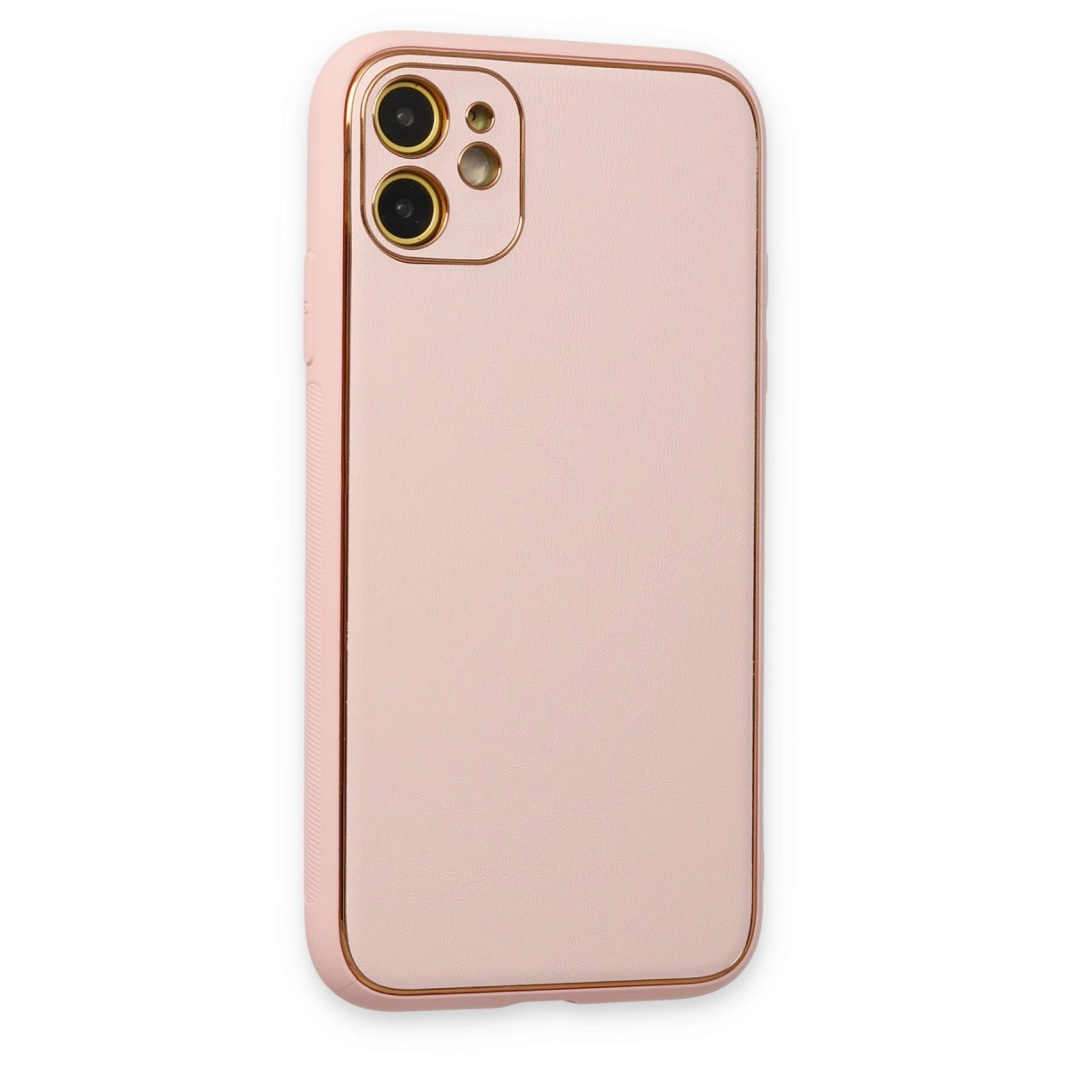 Altın çerçeveli ve kamera kesimli pembe telefon kılıfı.