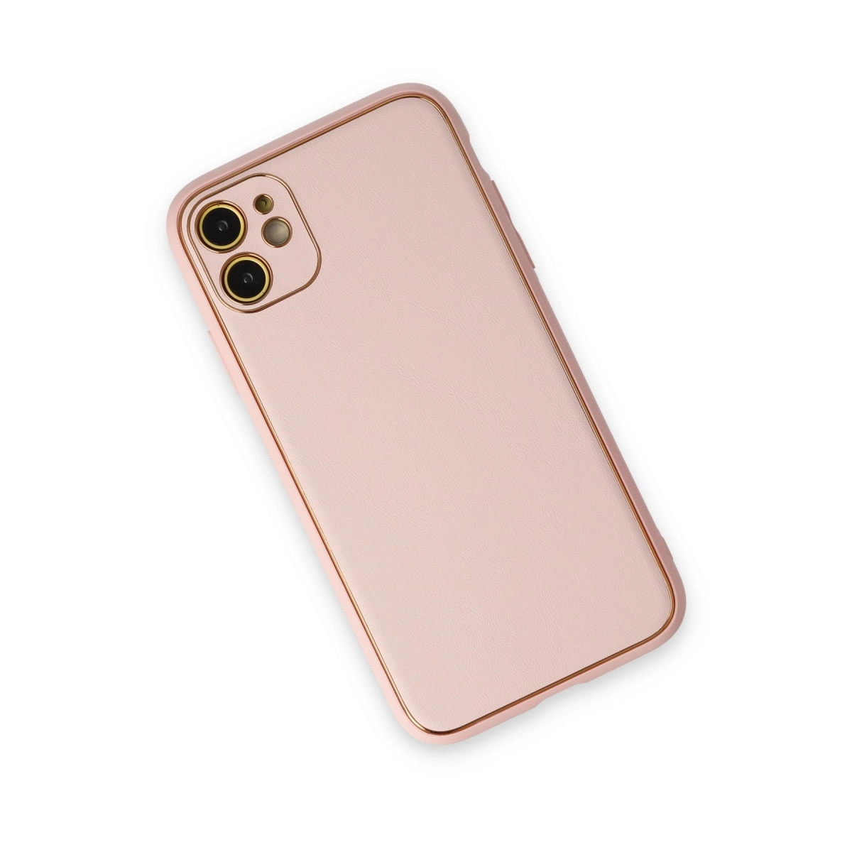 Altın çerçeveli, iki kamera lensli pembe telefon kılıfı.