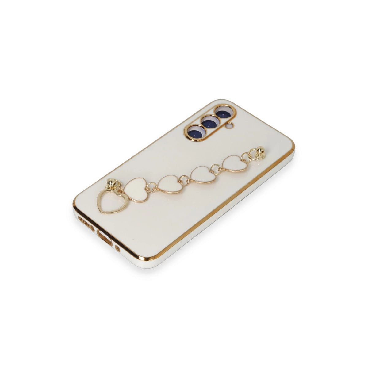 Altın kenarlı krem rengi telefon kılıfı ve kalp charm bileklik.