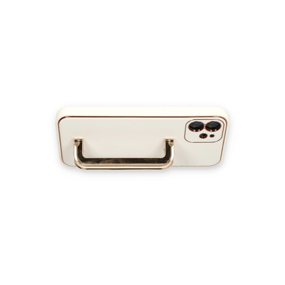 Altın kulplu beyaz telefon kılıfı ve kamera modülü.