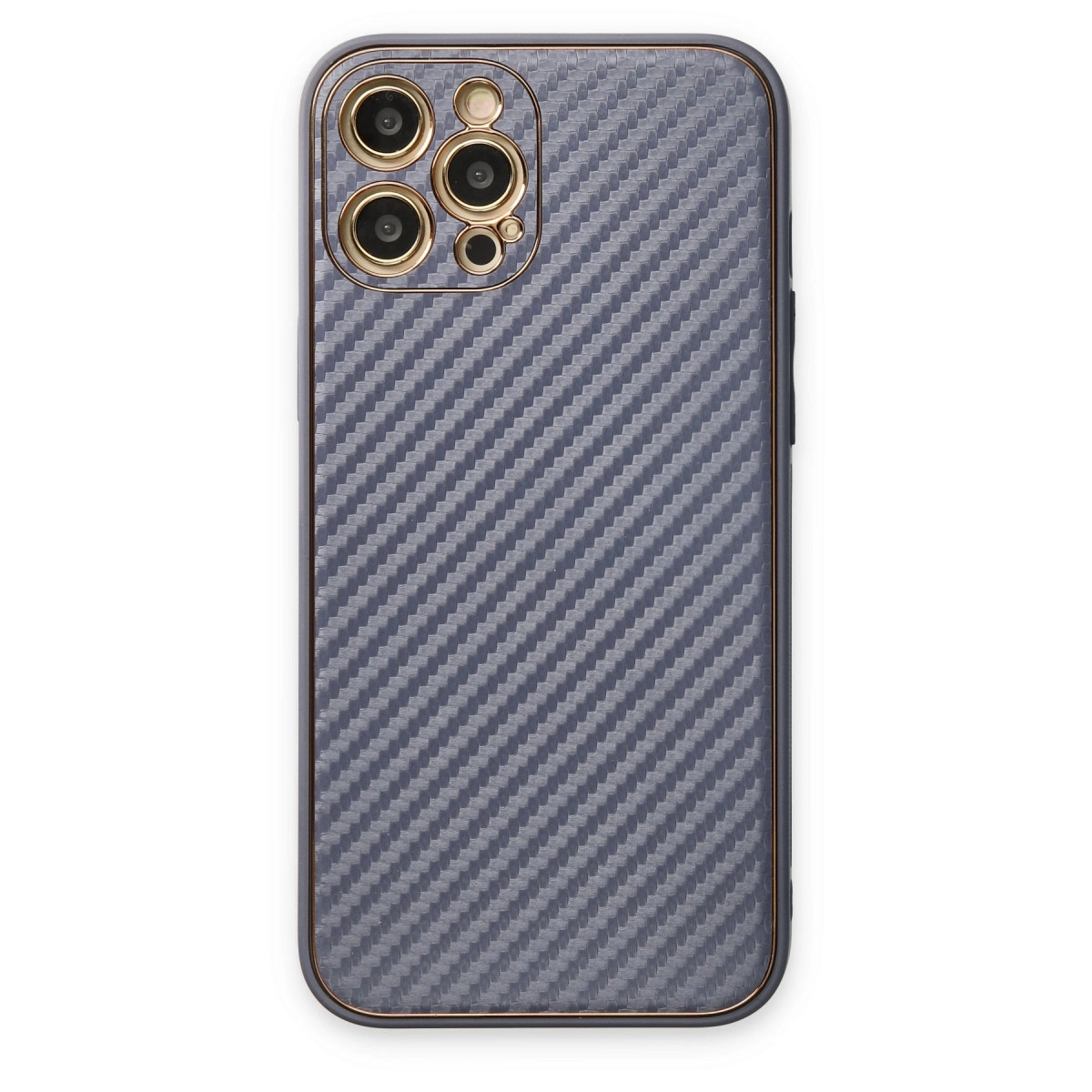 Dört altın kamera lensli gri karbon telefon kılıfı.