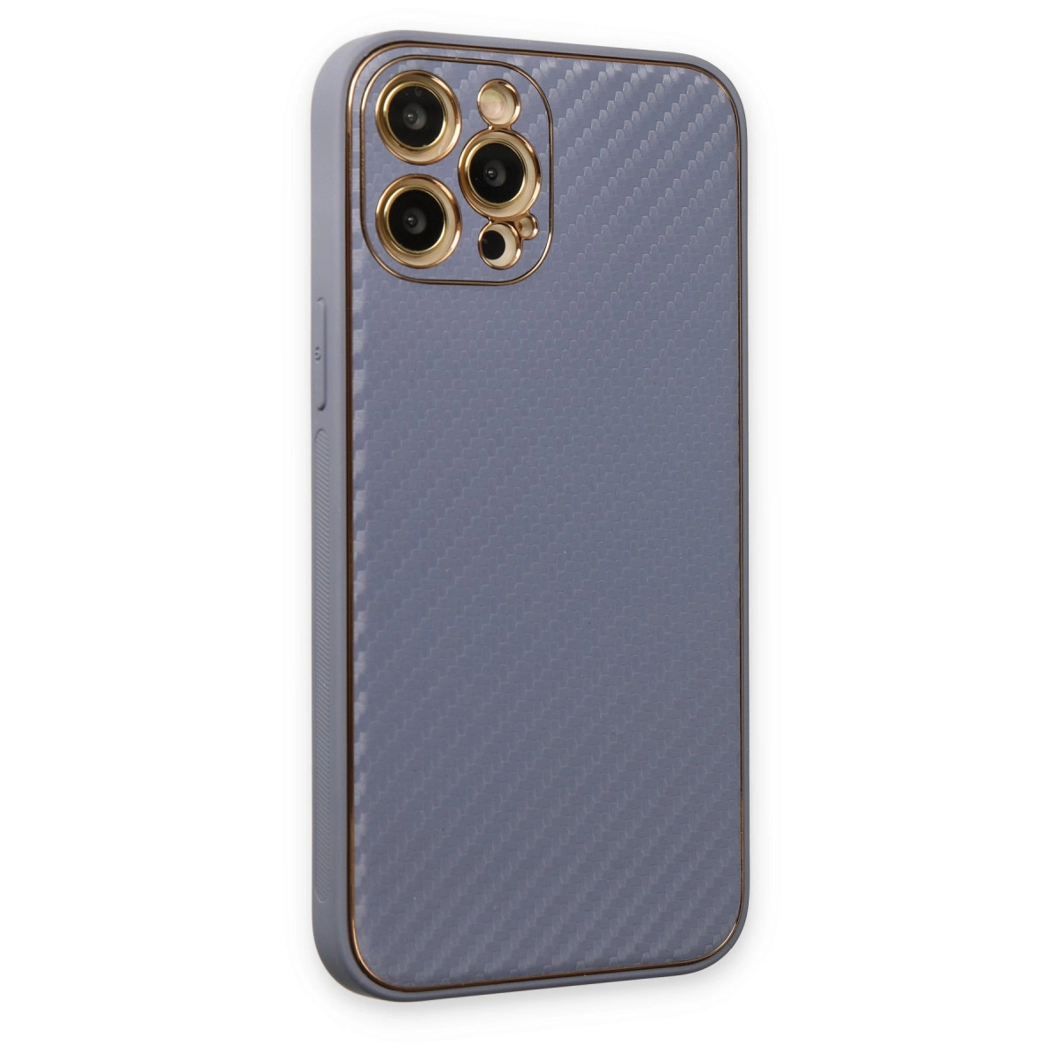 Karbon desenli, altın kamera detaylı gri telefon kılıfı.