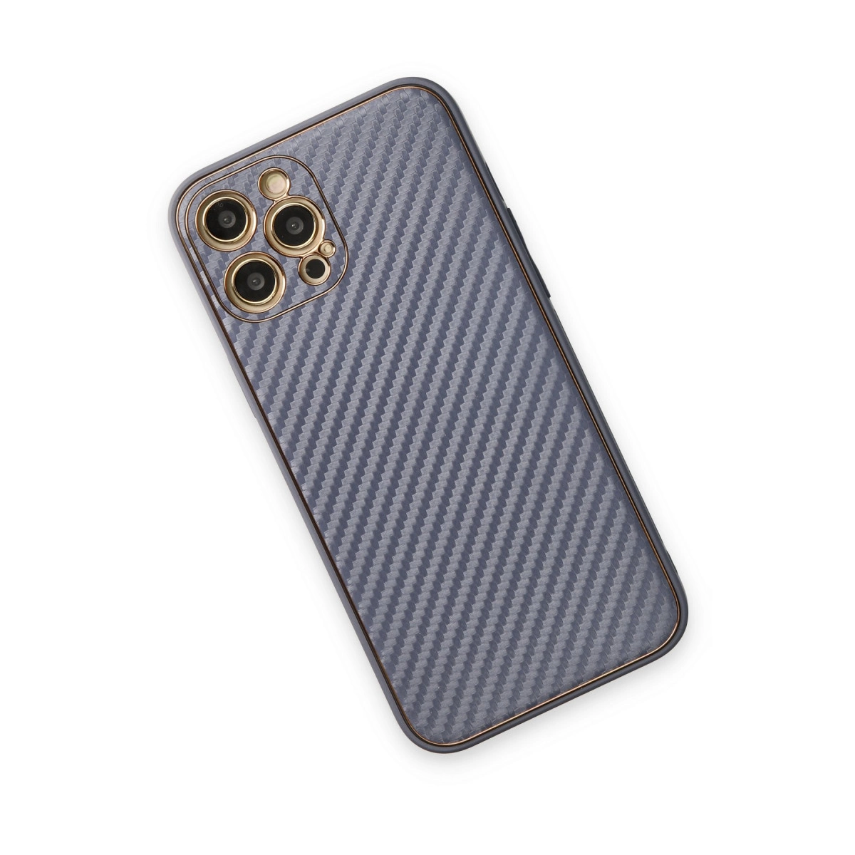 Altın kamera çerçeveli gri karbon fiber telefon kılıfı.
