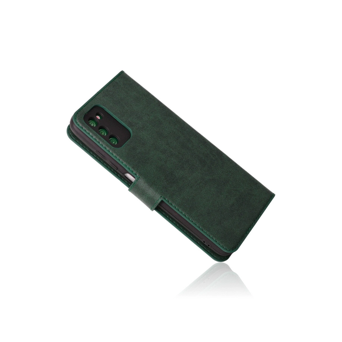 Kapalı koyu yeşil telefon kılıfı beyaz arka planda.