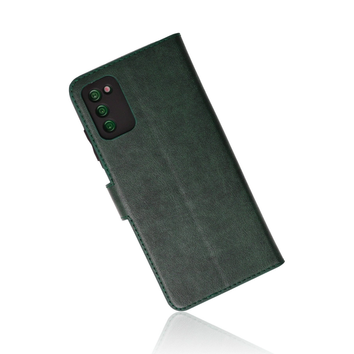 Arkada üç kamera lensli koyu yeşil deri telefon kılıfı.