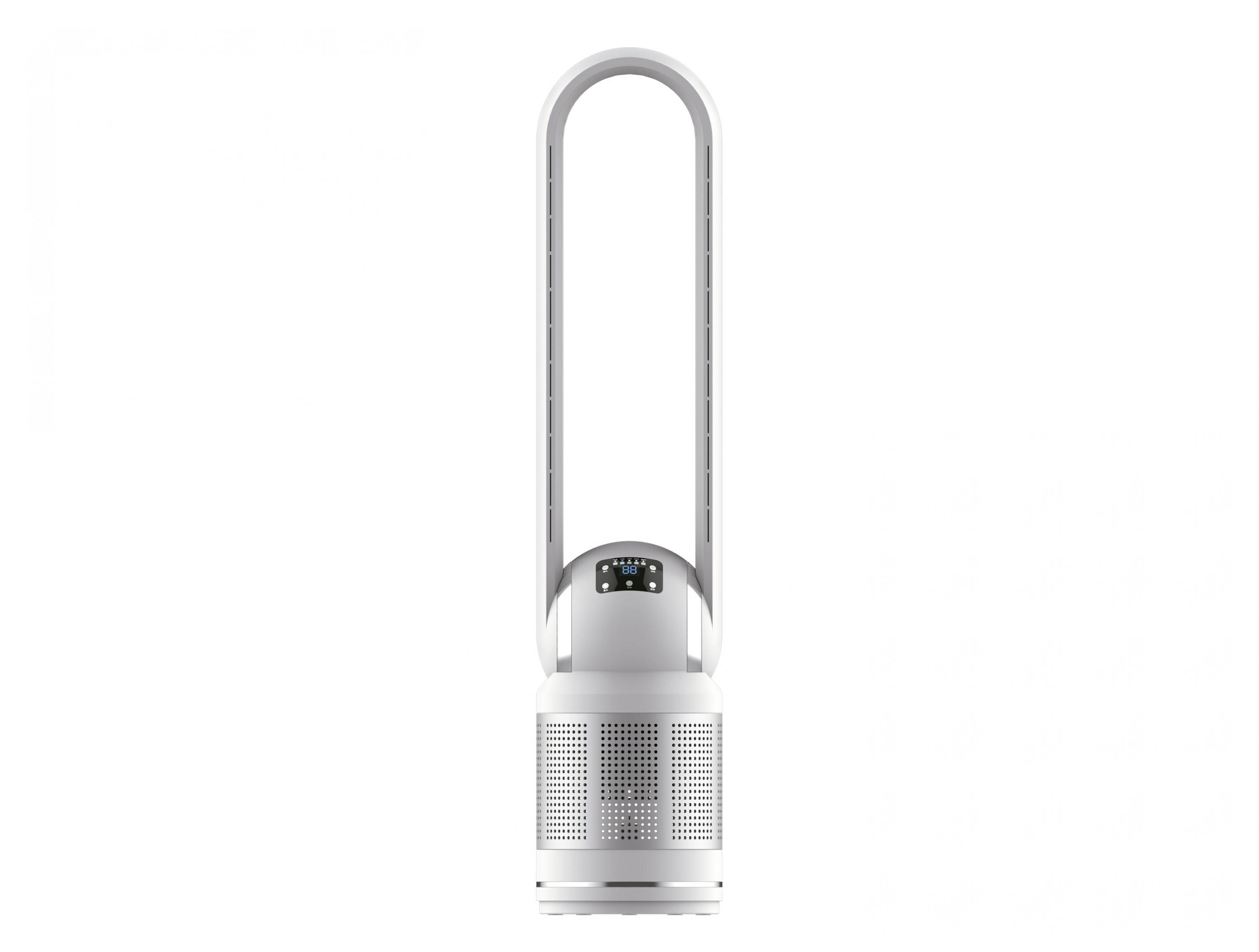 Un ventilador de torre blanco y elegante con pantalla digital en la base.