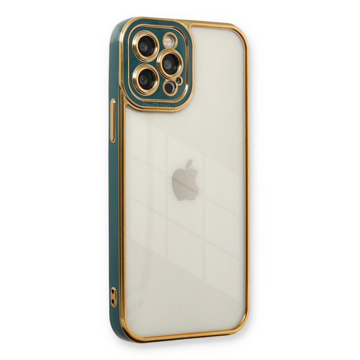 Dört kameralı ve altın vurgulu şık bir iPhone kılıfı.