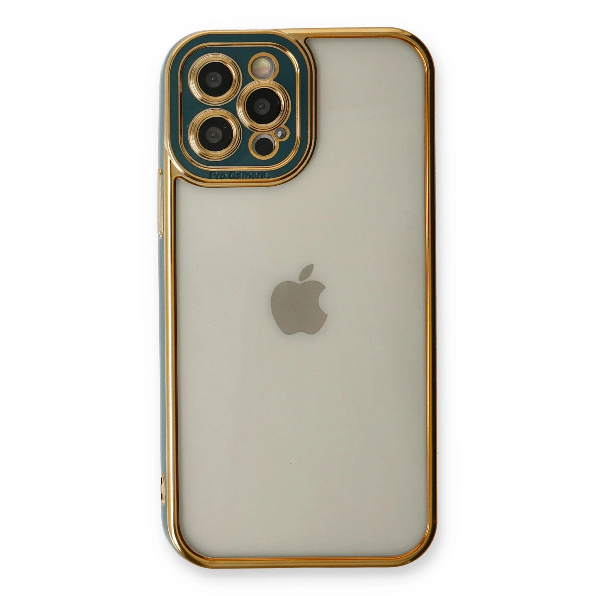 Arkada dört kamerası olan bir iPhone'un etrafında altın rengi çerçeve.