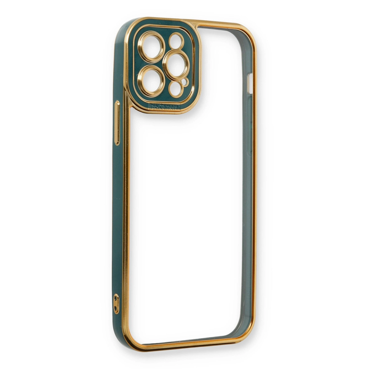 Altın vurgulu ve kamera yuvalı zümrüt yeşili iPhone kılıfı.