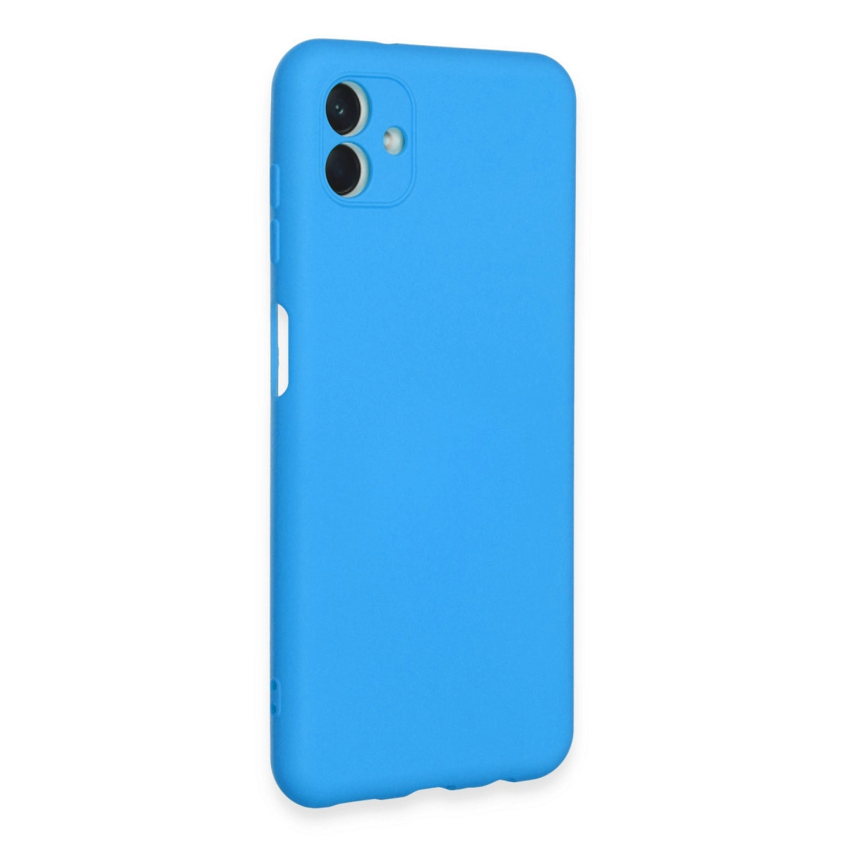Arkada çift kamera modülü bulunan mavi bir telefon kılıfı.