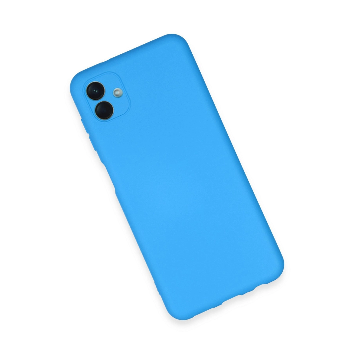 Beyaz arka plan üzerinde iki kamera lensli mavi telefon kılıfı.