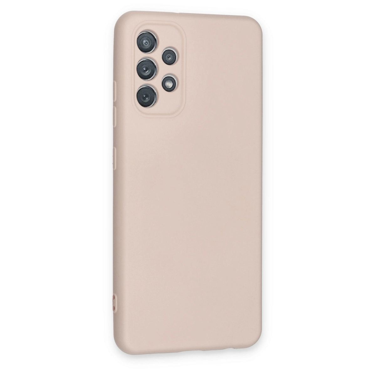 Arkada dikdörtgen kamera modülüne sahip soluk pembe telefon kılıfı.