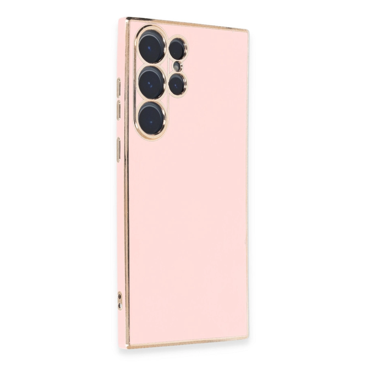 Altın kenarlıklı, pembe renkli telefon kılıfı ve kamera dizilimi.