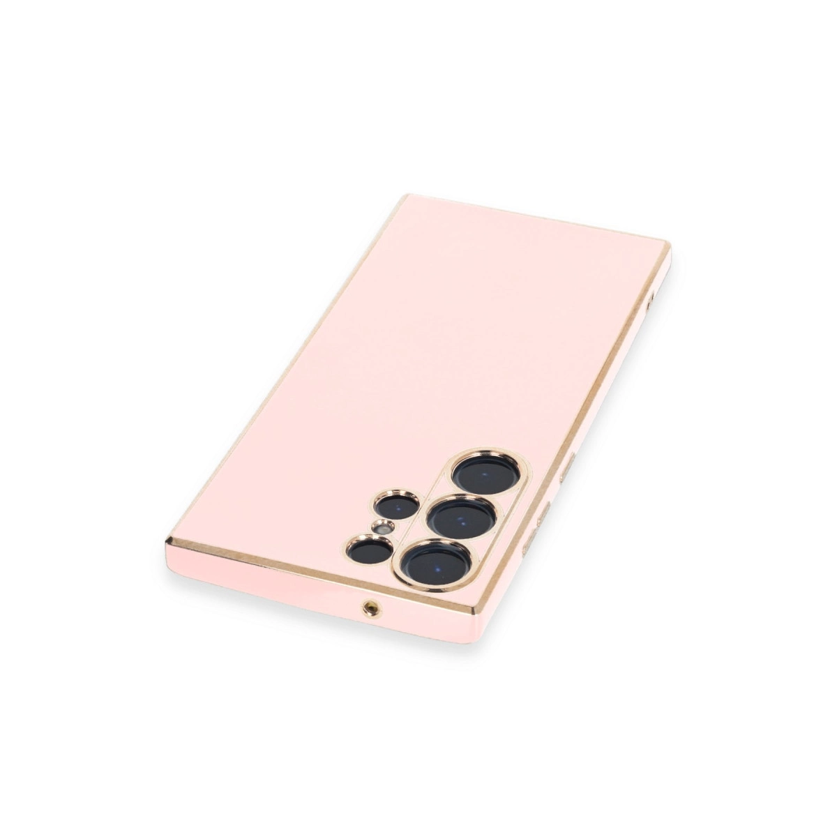 Altın kenarlı pembe telefon kılıfı, beyaz arka planda kamera modülü.