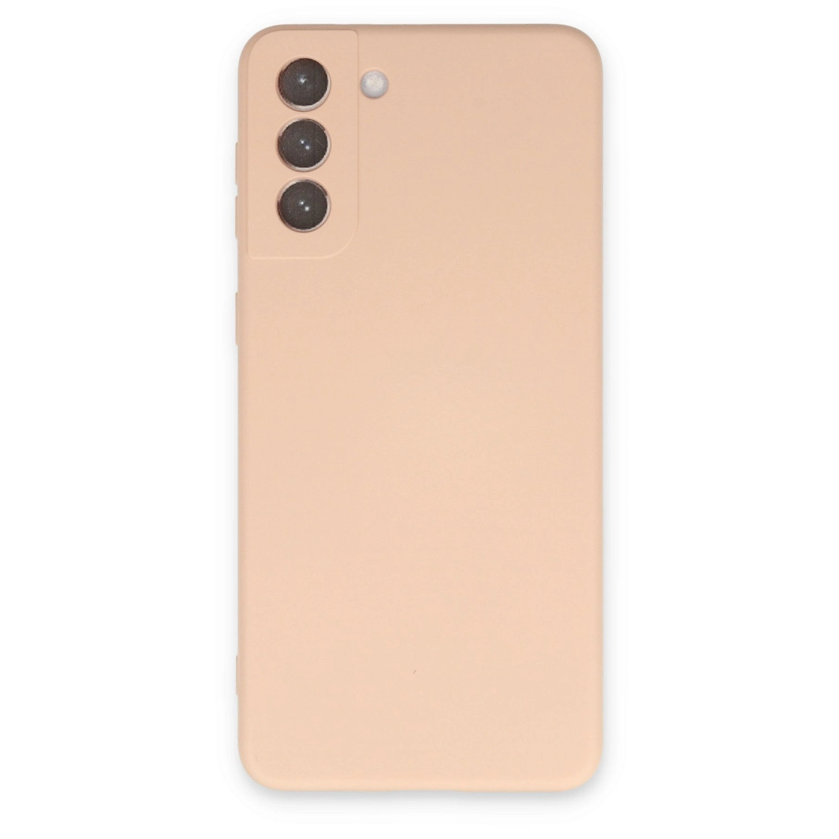 Üç kamera lensi ve flaşlı, açık bej telefon kılıfının arkası.