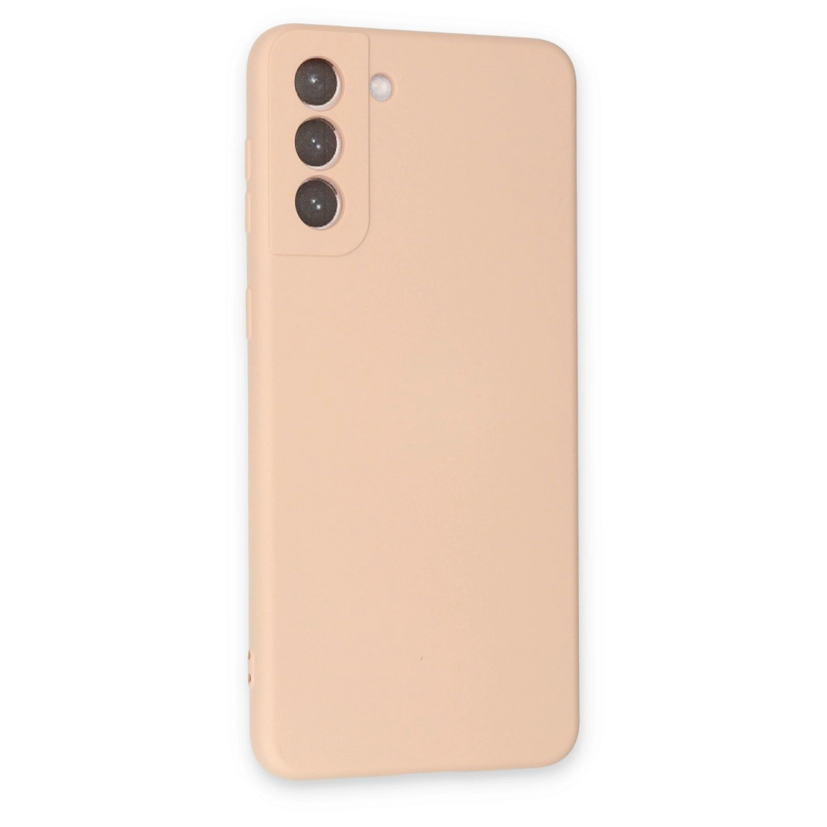 Üç kamera lensli ve flaşlı şeftali rengi telefon kılıfı.