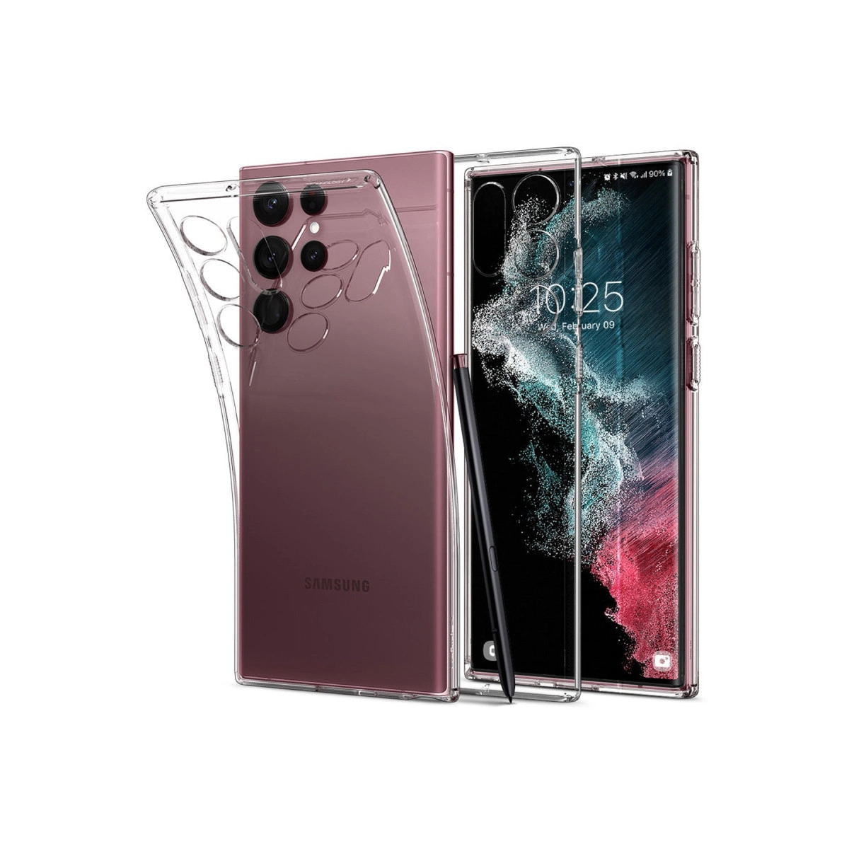 Rose gold Samsung telefon ve başka bir telefon üzerinde iki şeffaf telefon kılıfı.