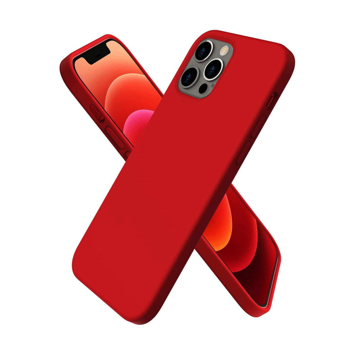 Kamera sistemli iki kırmızı iPhone kılıfı, beyaz arka plan.