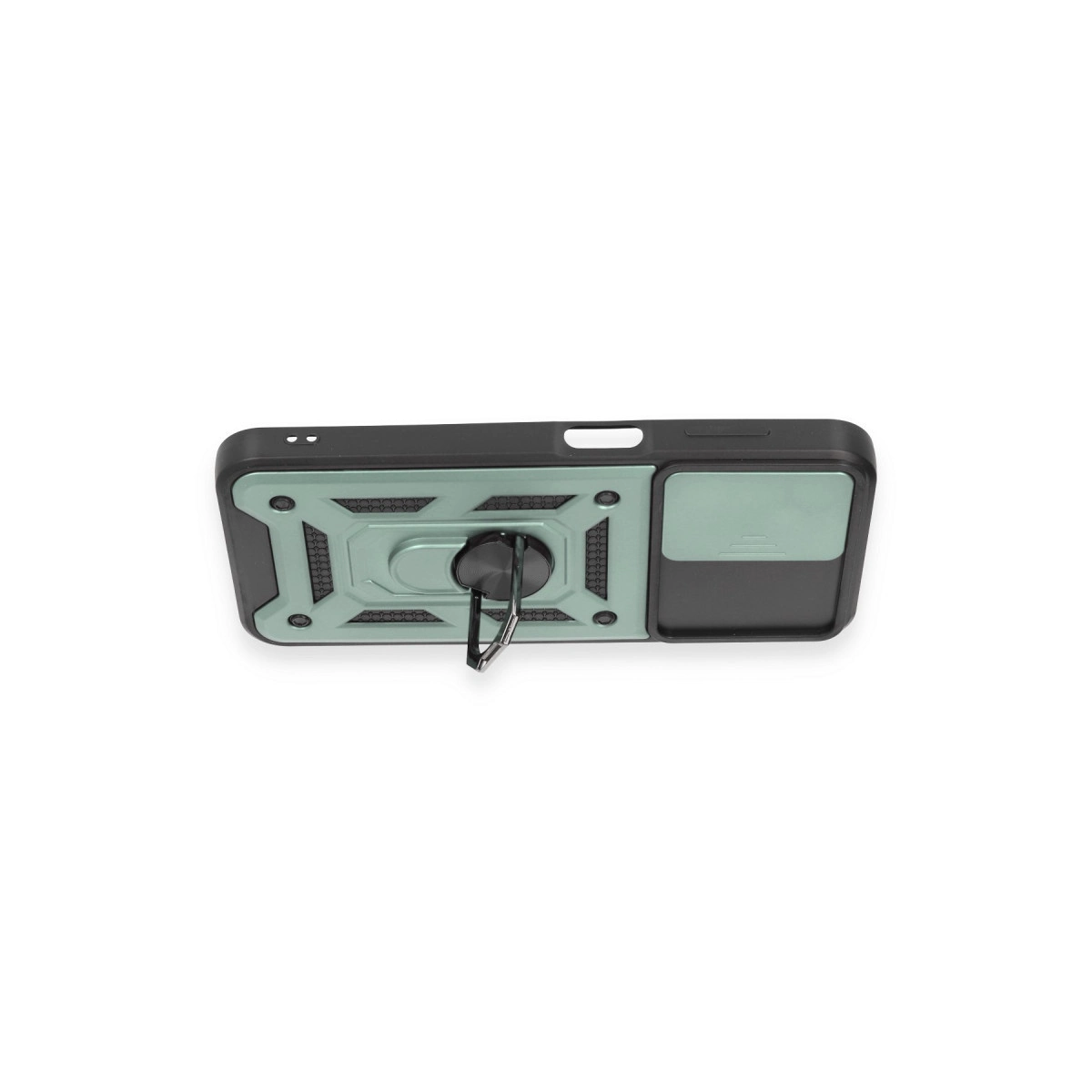 Mint yeşili vurgulu siyah telefon kılıfı, halka tutucu ve kamera kapağı.
