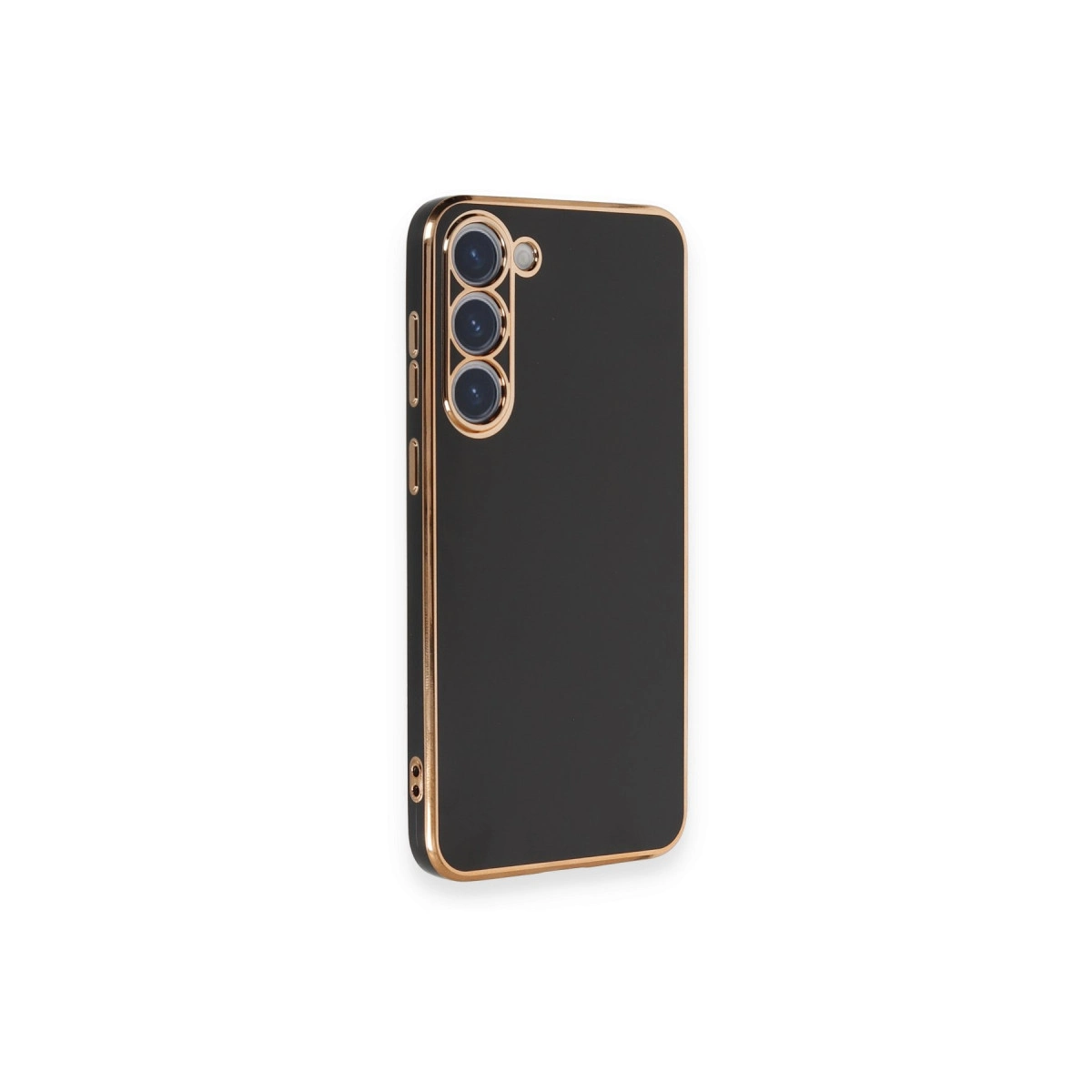 Altın kenarlıklı ve üç kameralı siyah telefon kılıfı.