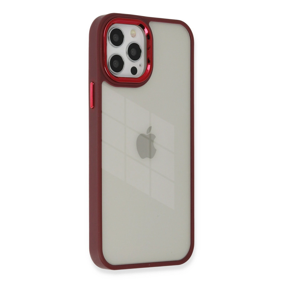 Apple logosunu gösteren şeffaf arkalı kırmızı iPhone kılıfı.